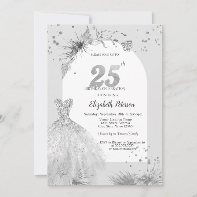 Invitation Robe Élégante Hiver Gris 25e Anniversaire (Devant)