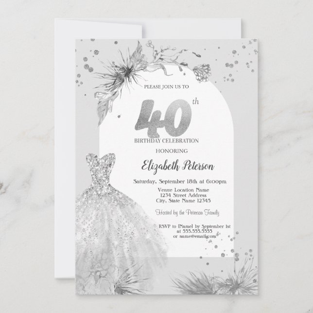 Invitation Robe Élégante Hiver Gris 40e Anniversaire (Devant)