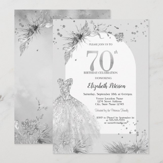 Invitation Robe Élégante Hiver Gris 70e Anniversaire (Devant / Derrière)
