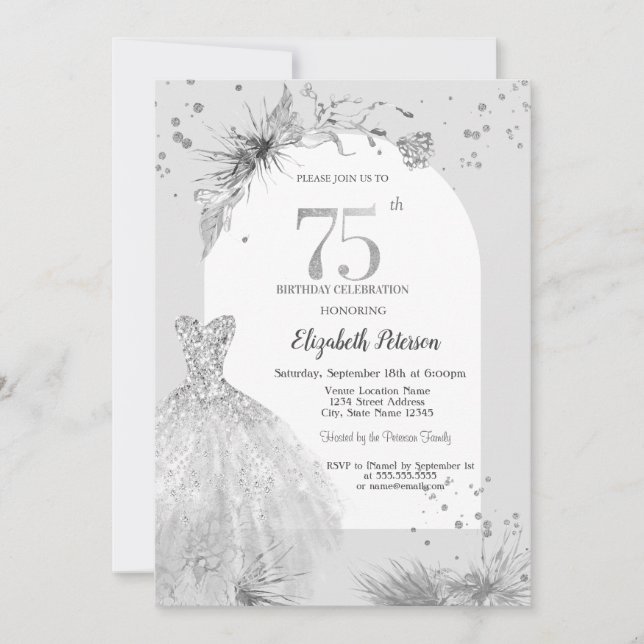 Invitation Robe Élégante Hiver Gris 75e Anniversaire (Devant)