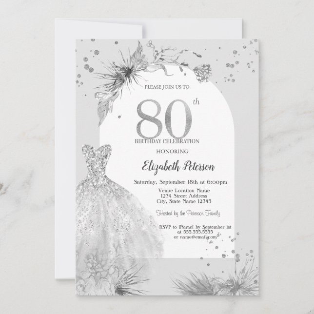 Invitation Robe Élégante Hiver Gris 80ème Anniversaire (Devant)
