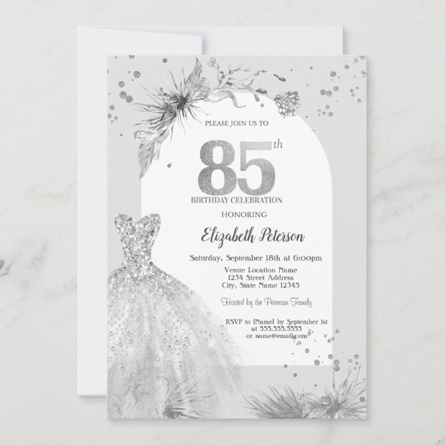 Invitation Robe Élégante Hiver Gris 85e Anniversaire (Devant)