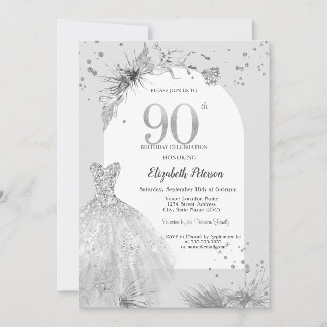 Invitation Robe Élégante Hiver Gris 90e Anniversaire (Devant)