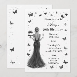 Invitation  Robe élégante noire et blanche papillons 40ème 