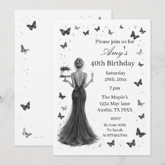 Invitation Robe élégante noire et blanche papillons 40ème