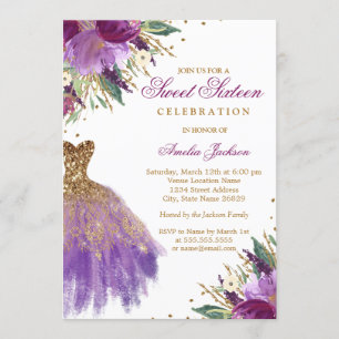 Invitation Robe Élégante Pailletée Améthyste Sweet Sixteen