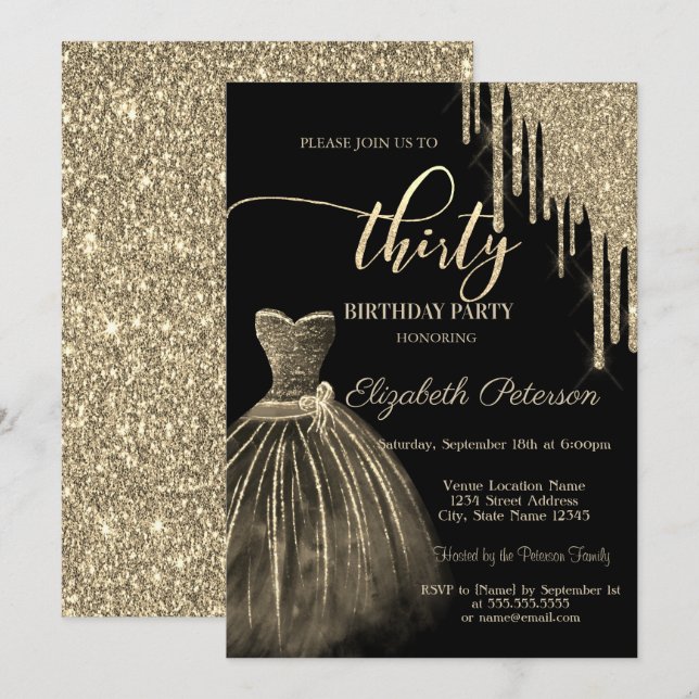 Invitation Robe Élégante, Paillettes Dorées 30 ans Anniversai (Devant / Derrière)