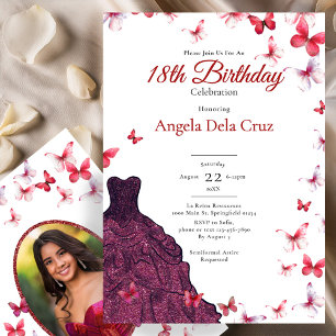 Invitation Robe élégante Papillons Rouges 18e Anniversaire Dé