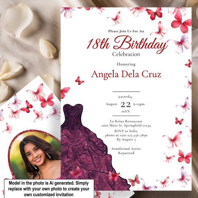 Invitation Robe élégante Papillons Rouges 18e Anniversaire Dé (Créateur téléchargé)