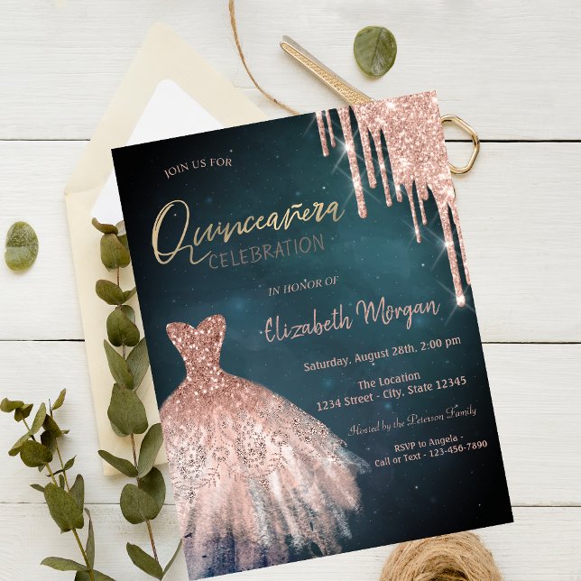 Invitation Robe élégante rose gold paillettes gouttes Quincea (Créateur téléchargé)