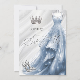 Invitation Robe élégante Silver Dusty Blue Sparkle Sweet 16