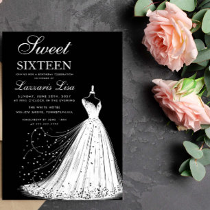 Invitation Robe élégante Sweet sixteen noir 16 Anniversaire