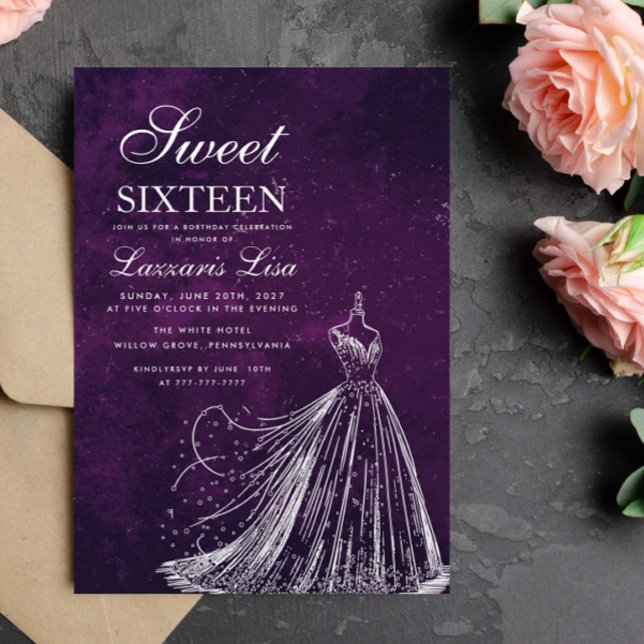 Invitation Robe élégante Sweet sixteen violet 16 Anniversaire (Créateur téléchargé)