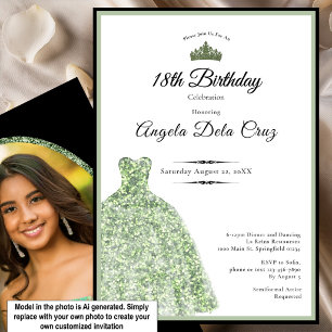 Invitation Robe élégante verte sauge 18ème anniversaire début