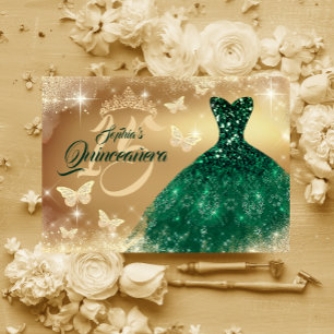 Invitation Robe émeraude d'or Quinceanera