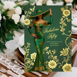 Invitation Robe émeraude dorée de femme pour un anniversaire