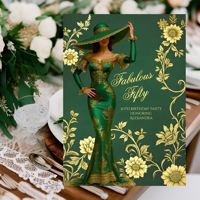 Invitation Robe émeraude dorée de femme pour un anniversaire  (Créateur téléchargé)