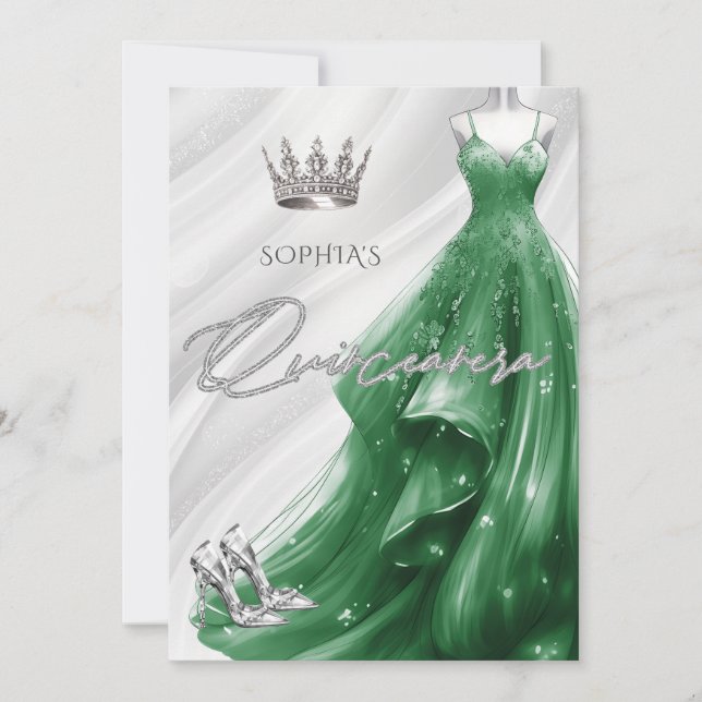 Invitation Robe émeraude verte en argent Quinceañera (Devant)
