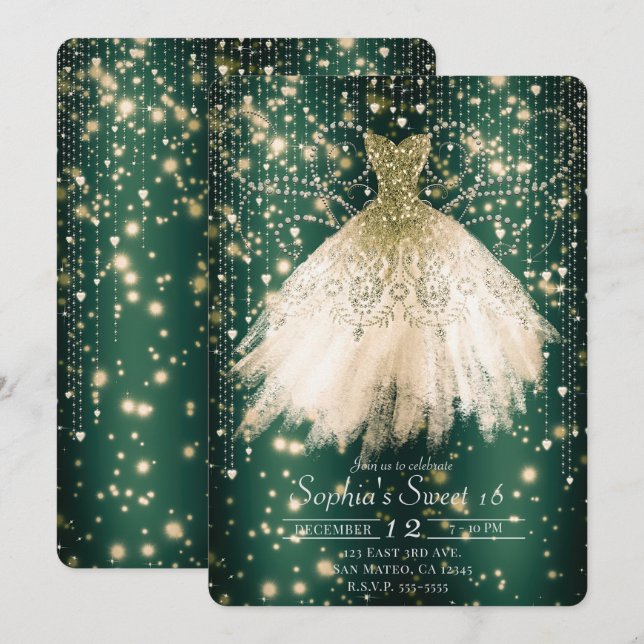 Invitation Robe émeraude verte rose pêche fête Sweet 16 (Devant / Derrière)