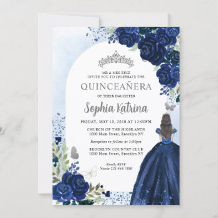 Invitation Robe en argent bleu de la marine florale Anniversa
