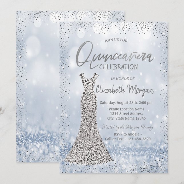 Invitation Robe en argent Sequins Confetti Bokeh Quinceañera (Devant / Derrière)