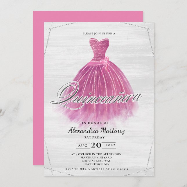 Invitation Robe en bois rose parties scintillant Quinceañera  (Devant / Derrière)
