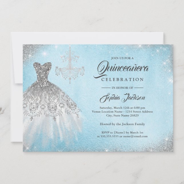 Invitation Robe en dentelle de diamant argentée et bleue pour (Devant)