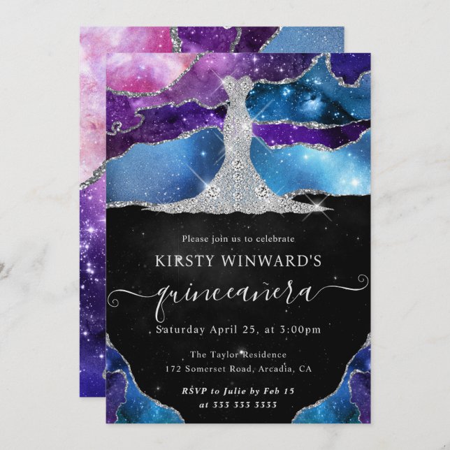 Invitation Robe en diamant et galaxie Agate Quinceanera (Devant / Derrière)