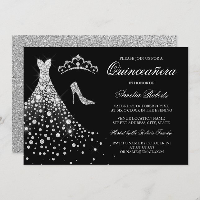 Invitation Robe en diamant noir en argent Tiara Quinceanera (Devant / Derrière)