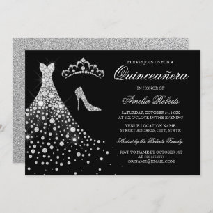 Invitation Robe en diamant noir en argent Tiara Quinceanera