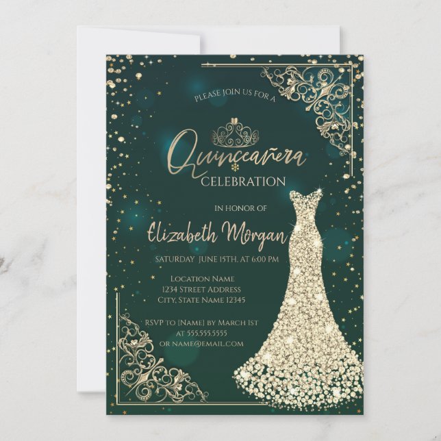 Invitation Robe en diamants d'or Tiara Green Quinceañera (Devant)