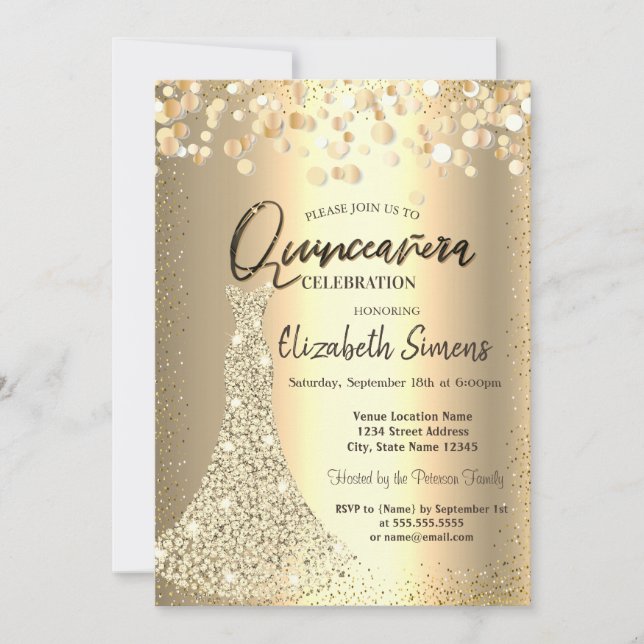 Invitation Robe en diamants, Gold Confetti Quinceañera (Devant)