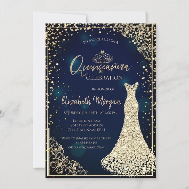 Invitation Robe en diamants Tiara Marine bleu Quinceañera (Devant)