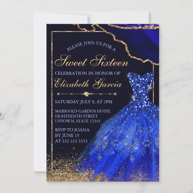 Invitation Robe et agate bleu Aquarelle Sweet 16 (Devant)
