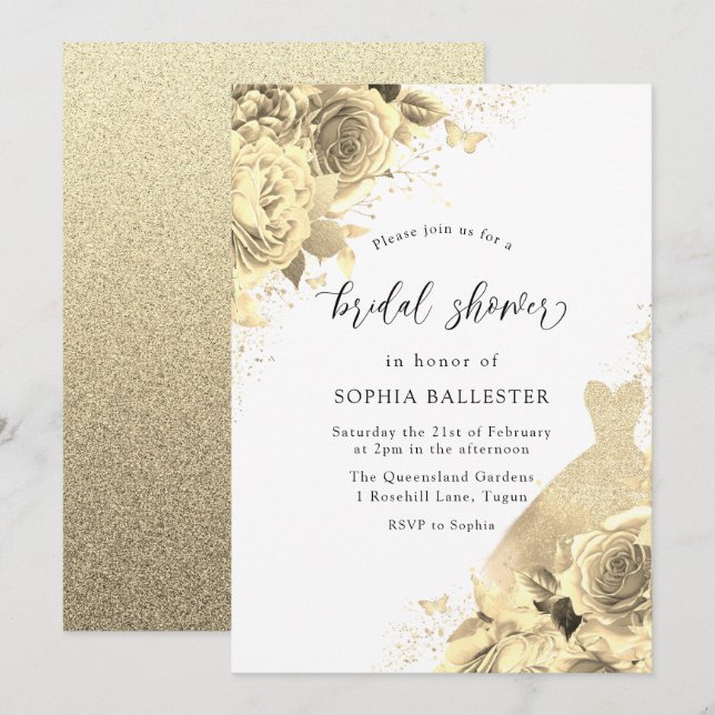 Invitation Robe et Fête des mariées de fleurs dorées (Devant / Derrière)