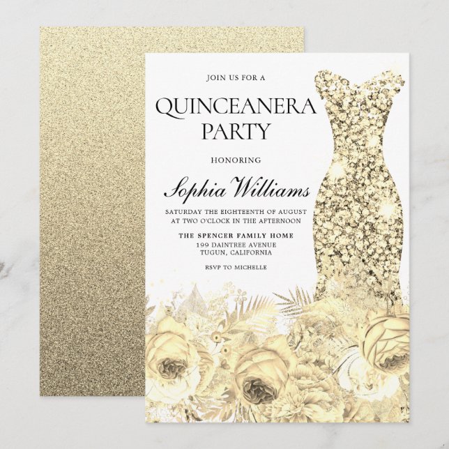 Invitation Robe et Fleurs à étincelles d'or Quinceanera Party (Devant / Derrière)