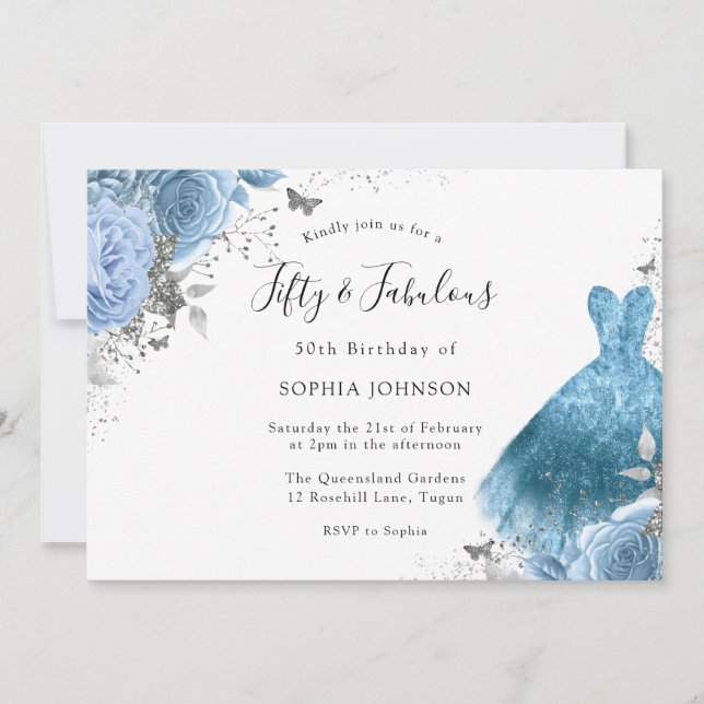 Invitation Robe et fleurs bleu Aqua 50e anniversaire (Devant)