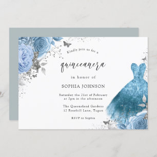 Invitation Robe et fleurs bleu Aqua Silver Quinceanera