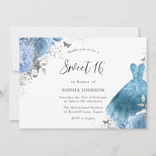 Invitation Robe et fleurs bleu Aqua Silver Sweet 16 (Devant)