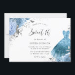 Invitation Robe et fleurs bleu Aqua Silver Sweet 16<br><div class="desc">Blue Aqua Robe et Fleurs argentées Sweet 16 Invitation Plus d'élégants motifs floraux Quinceanera dans notre magasin!</div>