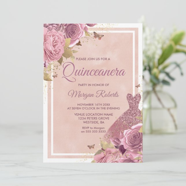 Invitation Robe et fleurs rose pâle et magique Quinceanera (Debout devant)
