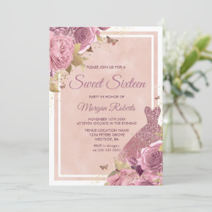 Invitation Robe et Fleurs Roses Bleues Magiques Douces 16