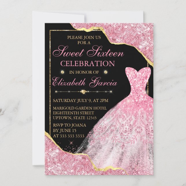 Invitation Robe et Parties scintillant rose Aquarelle Bord gl (Devant)