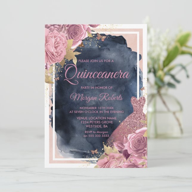Invitation Robe étincelante blush et Quinceanera de la marine (Debout devant)