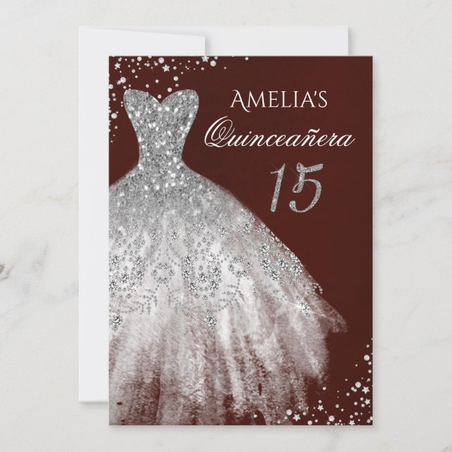 Invitation Robe étincelante Bourgogne Silver Quinceanera (Devant)