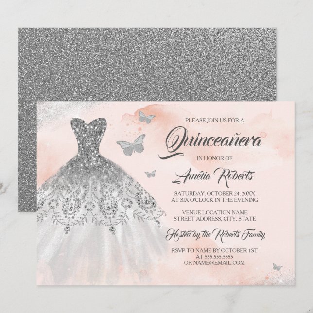 Invitation Robe étincelante en argent rose aquarelle Quincean (Devant / Derrière)