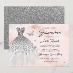 Invitation Robe étincelante en argent rose aquarelle Quincean