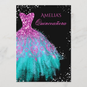 Invitation Robe étincelante rose Turquoise Quinceanera Invita