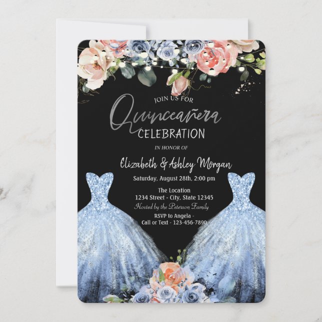 Invitation Robe Fardée Roses Bleues Paillettes Bleues (Devant)