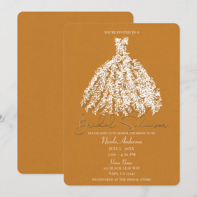 Invitation Robe feuille botanique or jaune pour douche de mar (Devant / Derrière)